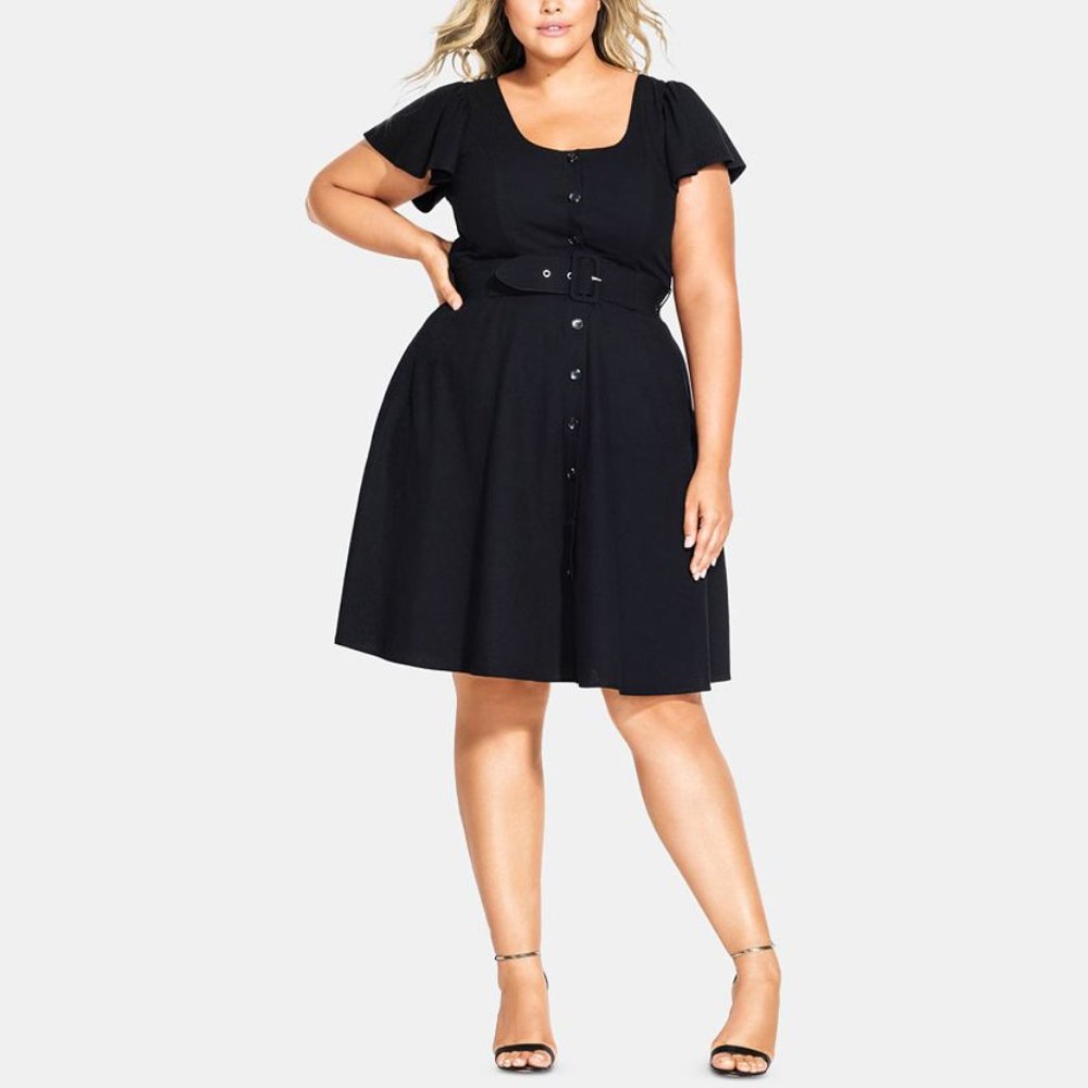 City Chic Dress Women Plus Black Swing A-Line Short Sleeve Button Front Belt 18W
